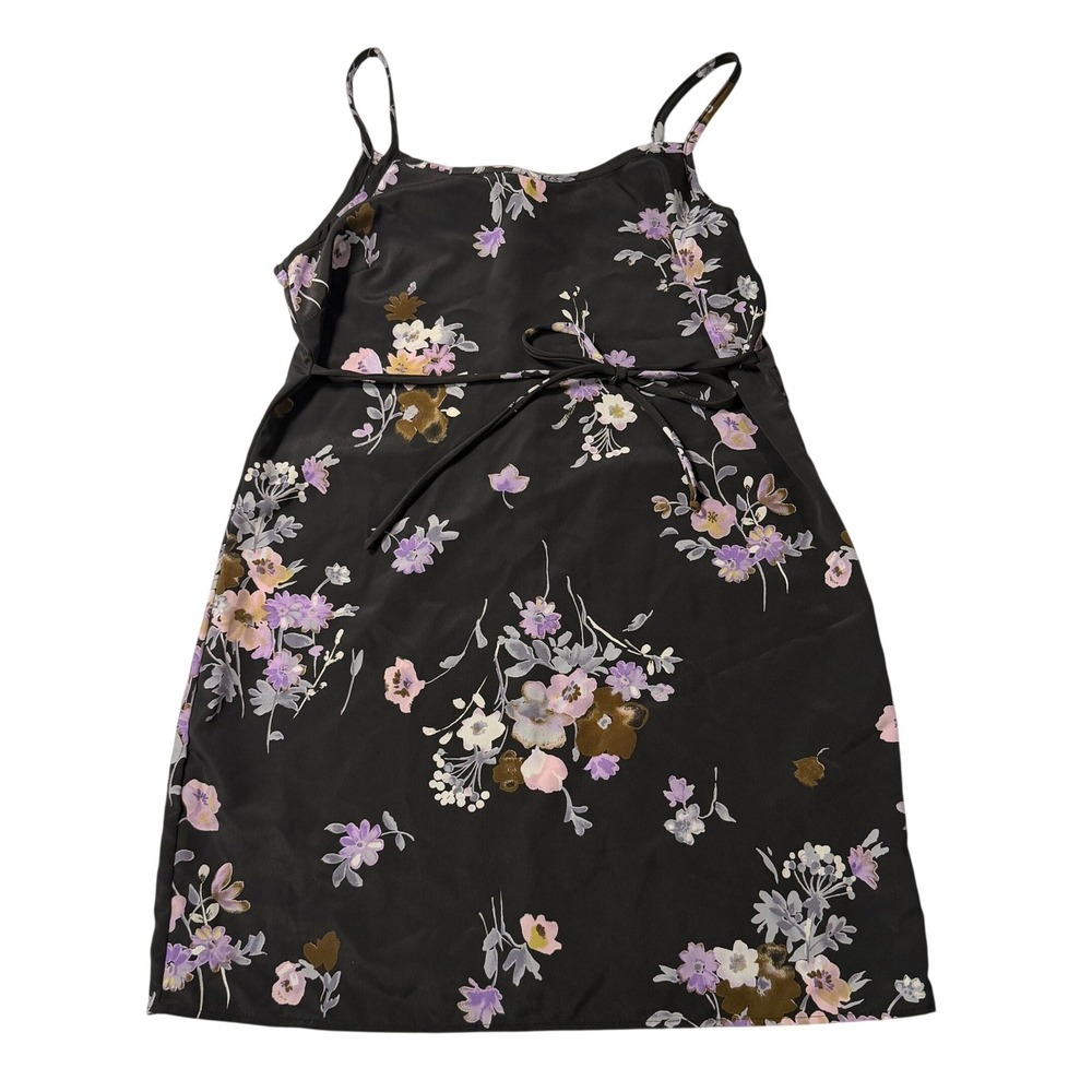 VTG Hana Slip Dress Black Floral‎ Satin Spaghetti Strap Tie Waist Mini Large